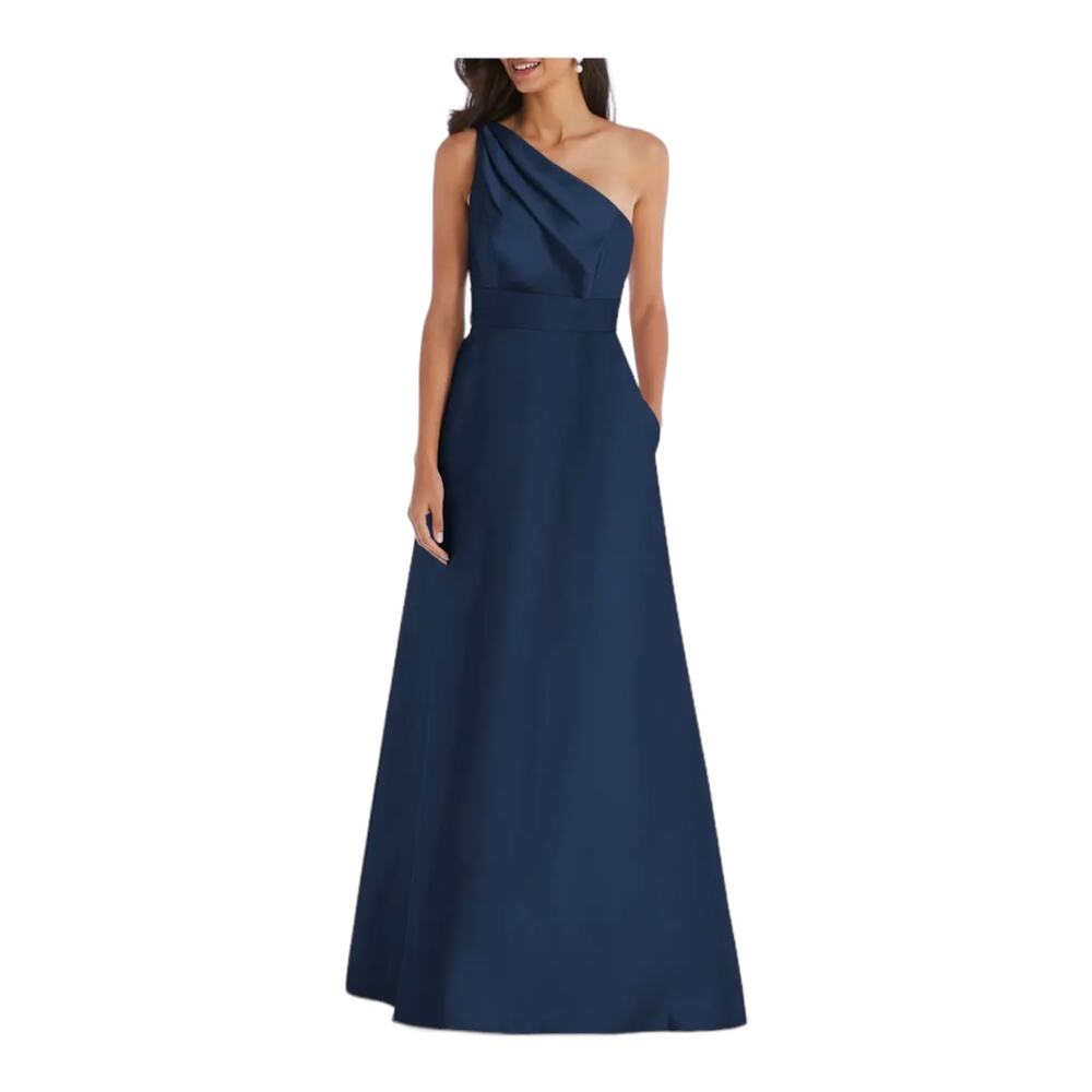 ALFRED SUNG Navy One-Shoulder A-Line Gown